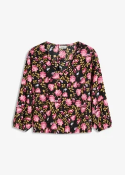 bonprix Blusen & Tuniken^Chiffon-Bluse mit Raffung am Saum schwarz geblümt