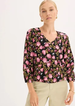 bonprix Blusen & Tuniken^Chiffon-Bluse mit Raffung am Saum schwarz geblümt