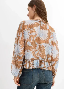 bonprix Bekleidung·Jacken & Mäntel|Blusen & Tuniken^Chiffonbluse mit Rüschen gewürzbraun/wollweiß bedruckt