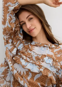 bonprix Bekleidung·Jacken & Mäntel|Blusen & Tuniken^Chiffonbluse mit Rüschen gewürzbraun/wollweiß bedruckt