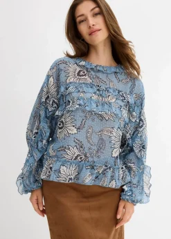 bonprix Nachhaltigere Materialien|Blusen & Tuniken^Chiffonbluse mit Rüschen hellblau/wellenblau/wollweiß bedruckt
