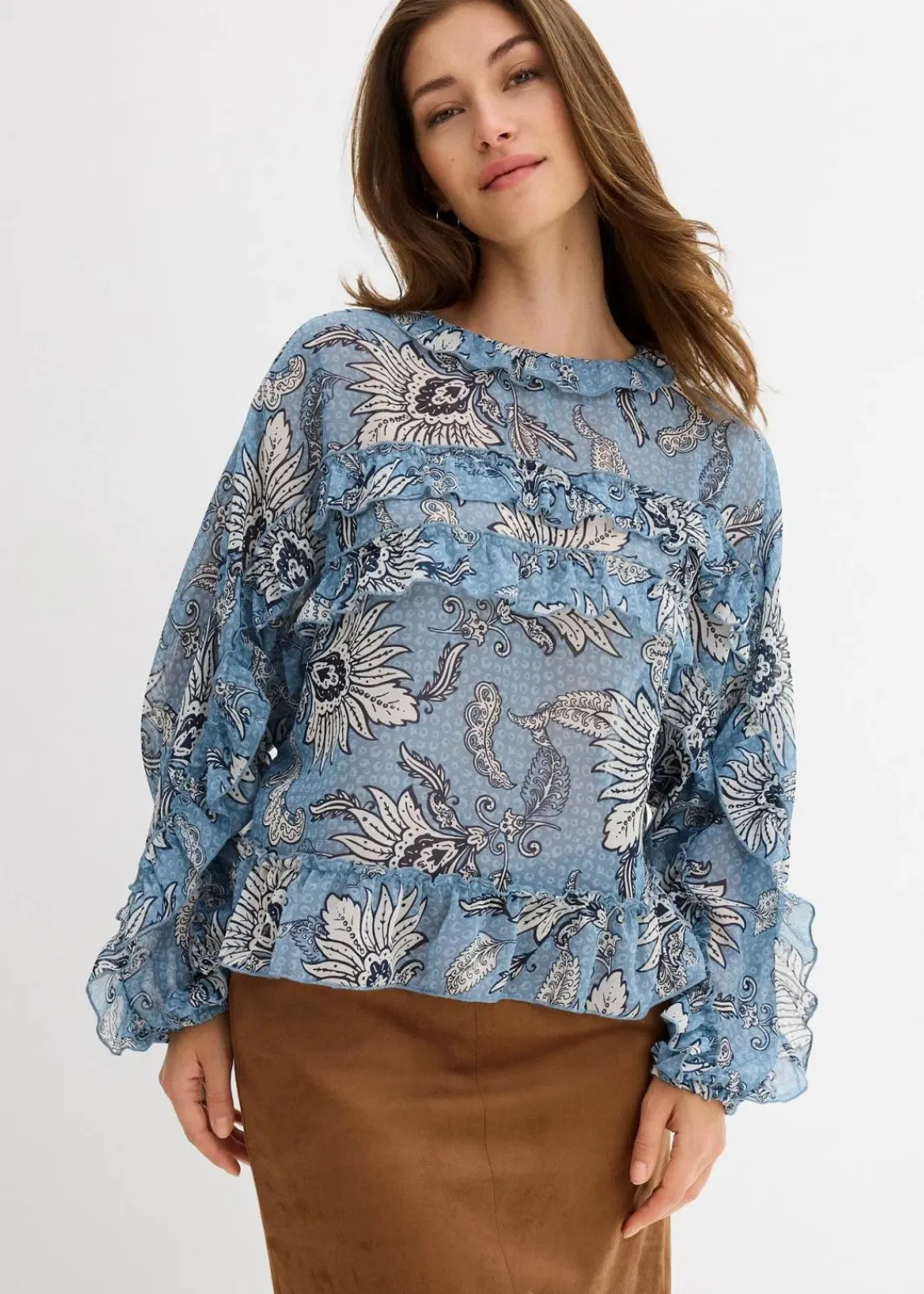 bonprix Nachhaltigere Materialien|Blusen & Tuniken^Chiffonbluse mit Rüschen hellblau/wellenblau/wollweiß bedruckt