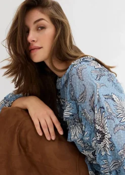 bonprix Nachhaltigere Materialien|Blusen & Tuniken^Chiffonbluse mit Rüschen hellblau/wellenblau/wollweiß bedruckt