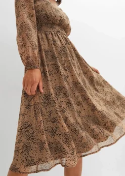 bonprix Bekleidung·Pullover & Strickjacken|Kleider^Chiffonkleid camel/schwarz leo bedruckt