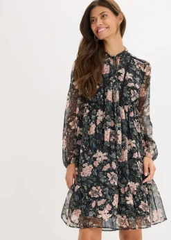 bonprix Bekleidung·Pullover & Strickjacken|Kleider^Chiffonkleid schwarz geblümt