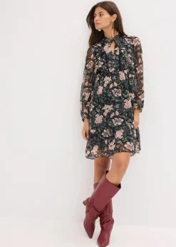 bonprix Bekleidung·Pullover & Strickjacken|Kleider^Chiffonkleid schwarz geblümt