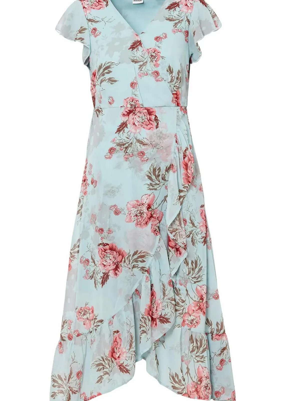 bonprix Bekleidung·Pullover & Strickjacken|Kleider^Chiffonkleid hellblau geblümt