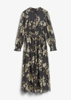 bonprix Bekleidung·Pullover & Strickjacken|Kleider^Chiffonkleid schwarz/mattschilf geblümt
