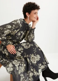 bonprix Bekleidung·Pullover & Strickjacken|Kleider^Chiffonkleid schwarz/mattschilf geblümt