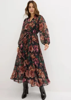 bonprix Kurzgrößen|Kurzgrößen^Chiffonkleid schwarz floral
