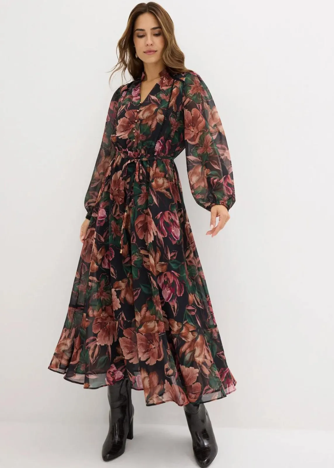 bonprix Kurzgrößen|Kurzgrößen^Chiffonkleid schwarz floral