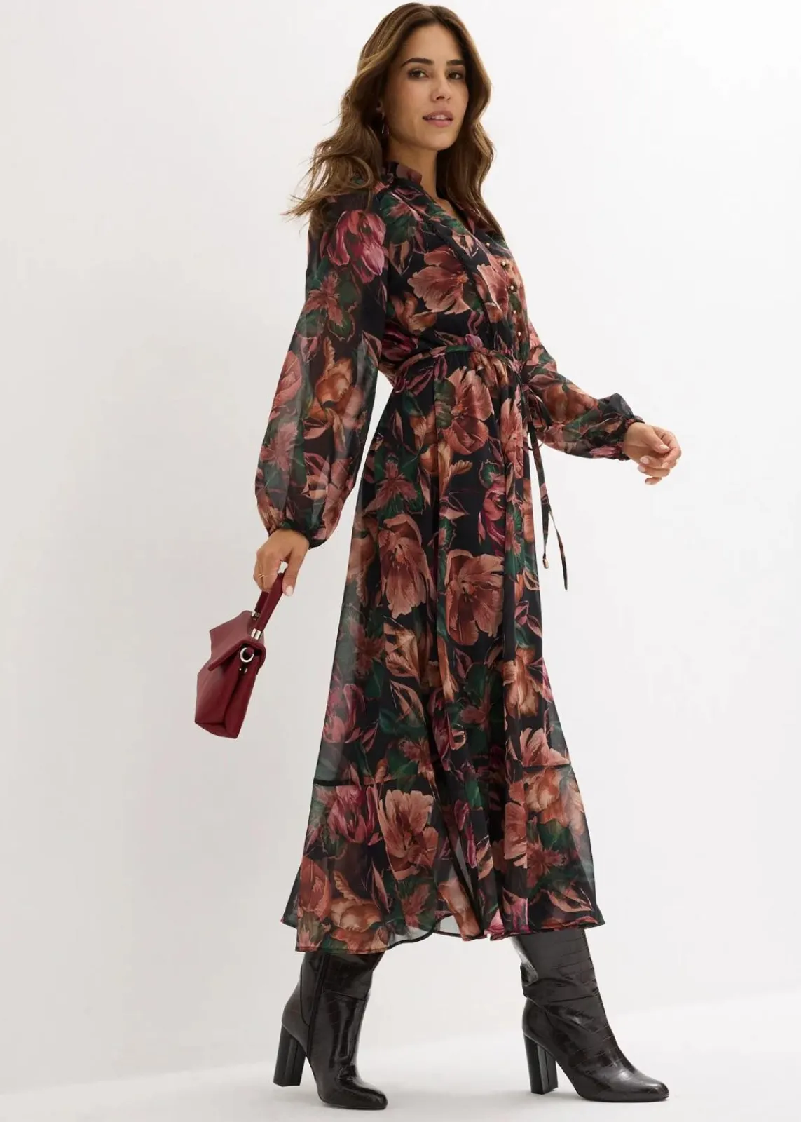 bonprix Kurzgrößen|Kurzgrößen^Chiffonkleid schwarz floral