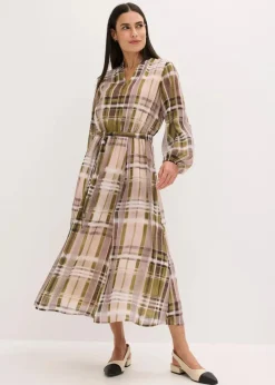 bonprix Bekleidung·Pullover & Strickjacken^Chiffonkleid mit Bindeband naturbeige/olivgrün kariert
