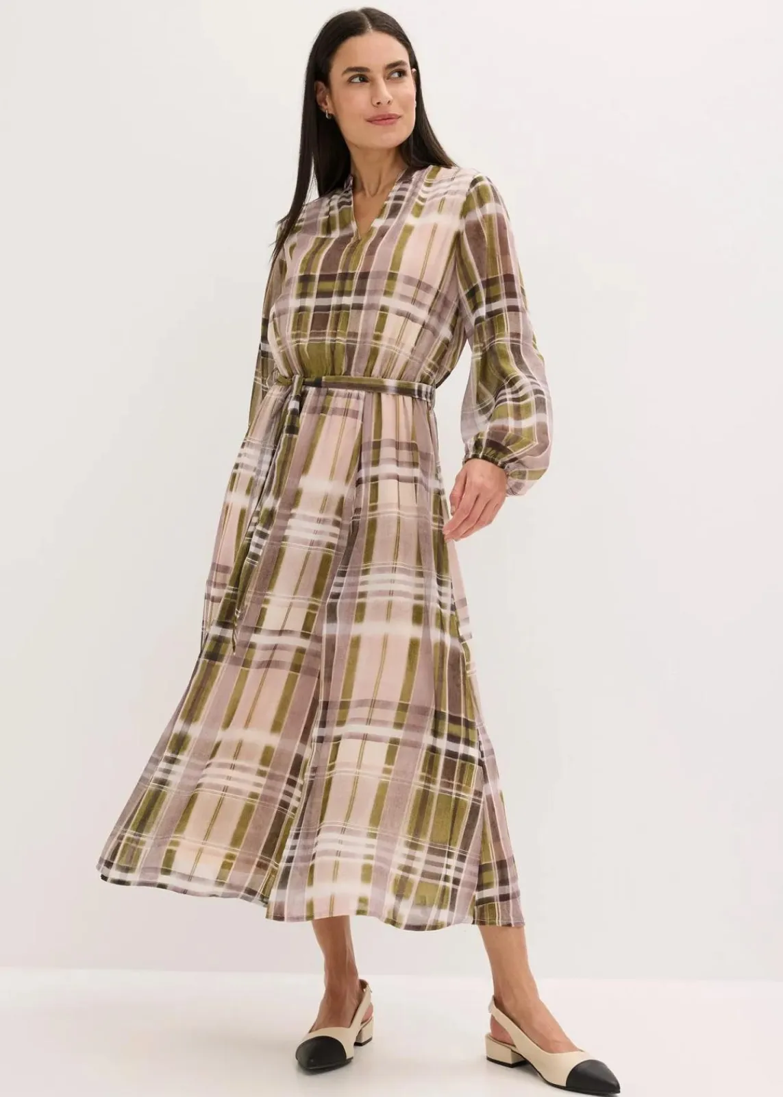 bonprix Bekleidung·Pullover & Strickjacken^Chiffonkleid mit Bindeband naturbeige/olivgrün kariert