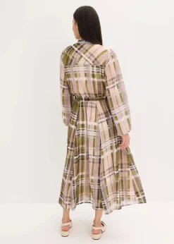 bonprix Bekleidung·Pullover & Strickjacken^Chiffonkleid mit Bindeband naturbeige/olivgrün kariert