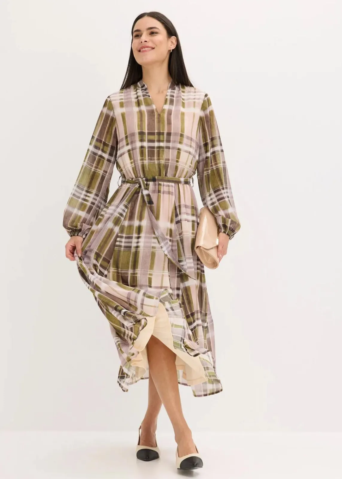 bonprix Bekleidung·Pullover & Strickjacken^Chiffonkleid mit Bindeband naturbeige/olivgrün kariert