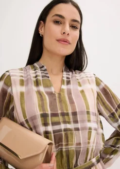 bonprix Bekleidung·Pullover & Strickjacken^Chiffonkleid mit Bindeband naturbeige/olivgrün kariert