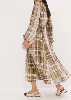 bonprix Bekleidung·Pullover & Strickjacken^Chiffonkleid mit Bindeband naturbeige/olivgrün kariert
