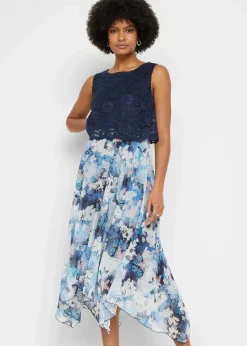 bonprix Festliche Mode|Kleider^Chiffonkleid mit feiner Spitze dunkelblau geblümt