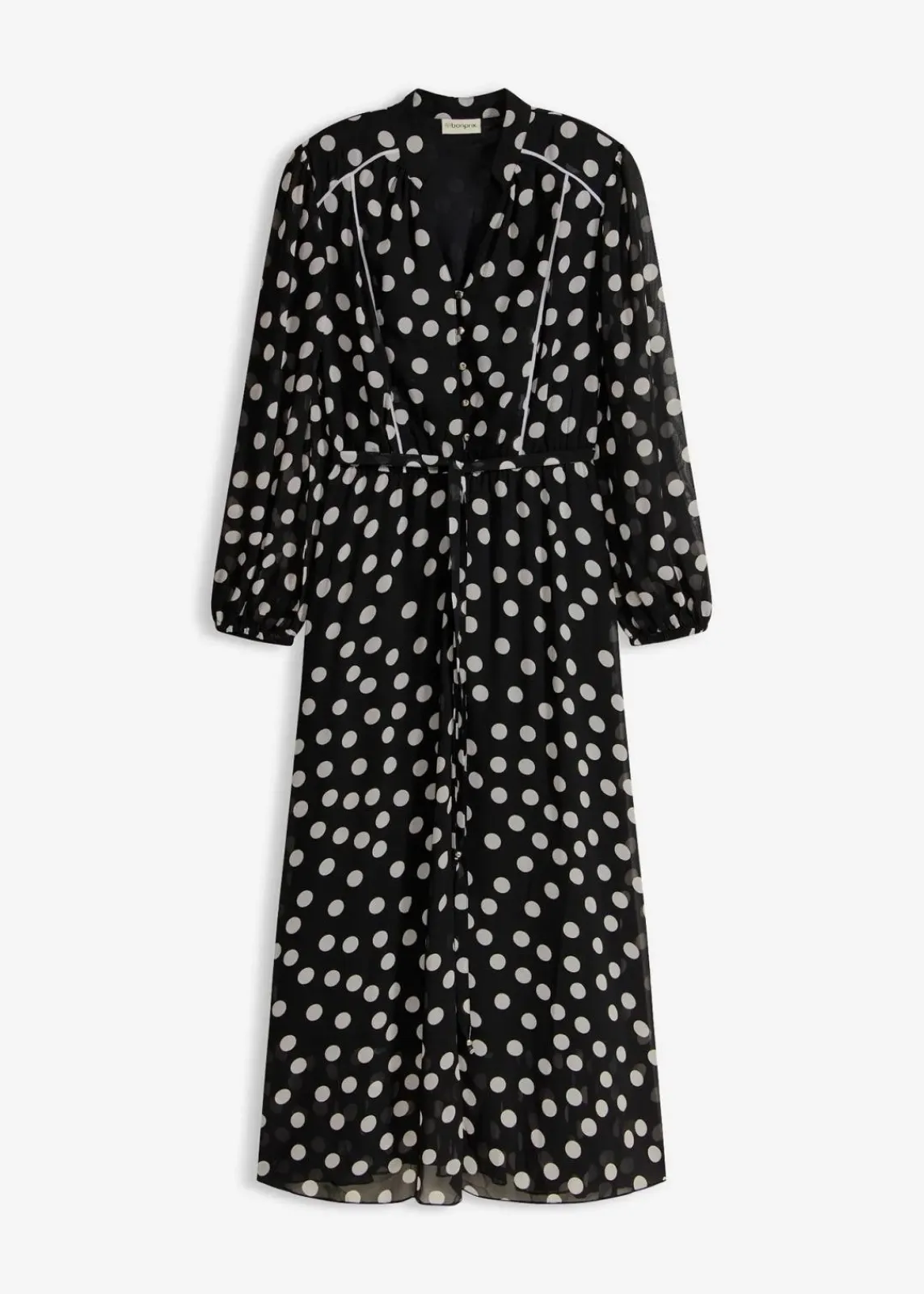 bonprix Bekleidung·Pullover & Strickjacken|Kleider^Chiffonkleid mit Kontrast-Pipings schwarz/wollweiß gepunktet