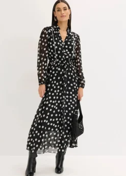 bonprix Bekleidung·Pullover & Strickjacken|Kleider^Chiffonkleid mit Kontrast-Pipings schwarz/wollweiß gepunktet