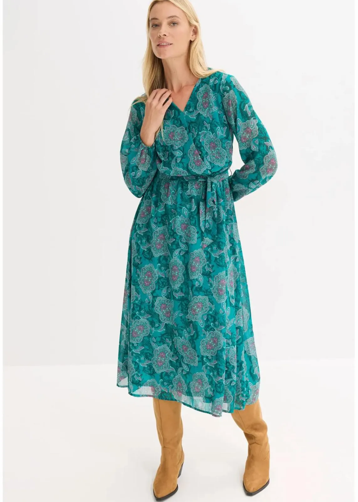 bonprix Kleider|Bekleidung·Pullover & Strickjacken^Chiffonkleid mit Paisley-Druck dunkelsmaragd/dunkelfuchsia paisley