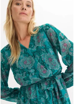 bonprix Kleider|Bekleidung·Pullover & Strickjacken^Chiffonkleid mit Paisley-Druck dunkelsmaragd/dunkelfuchsia paisley