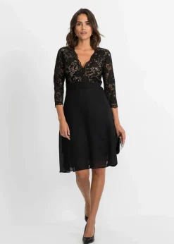 bonprix Festliche Mode|Kleider^Chiffonkleid mit Spitze schwarz/natur