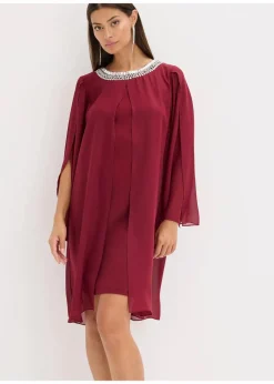 bonprix Bekleidung·Pullover & Strickjacken|Festliche Mode^Chiffonkleid mit Strassstein-Applikation rubinrot