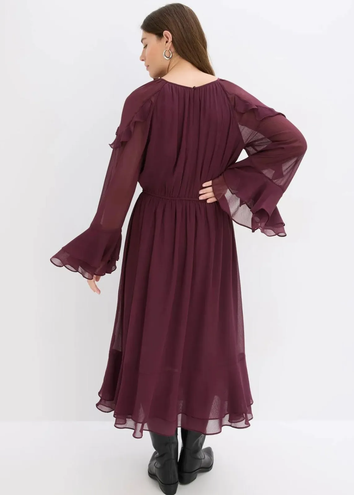 bonprix Bekleidung·Pullover & Strickjacken^Chiffonkleid mit Volants weinrot