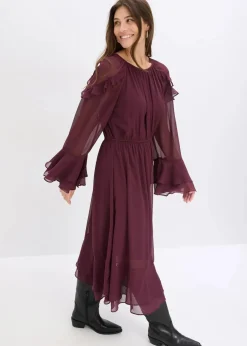 bonprix Bekleidung·Pullover & Strickjacken^Chiffonkleid mit Volants weinrot