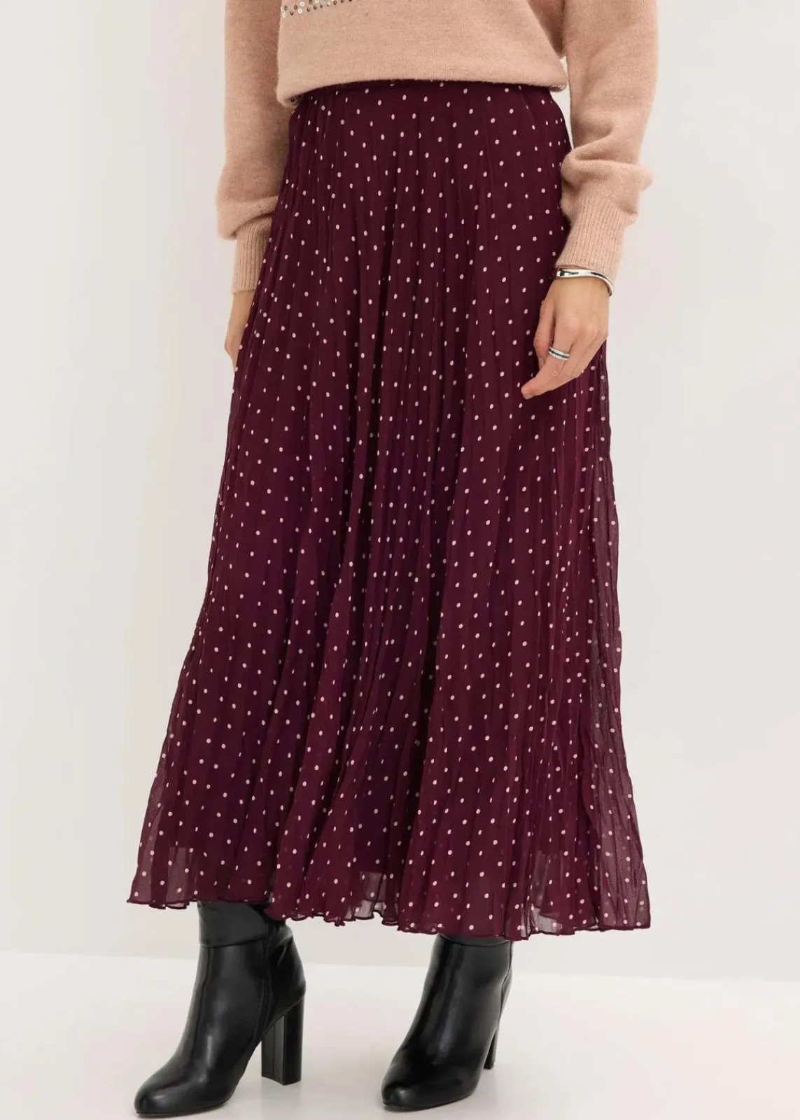 bonprix Nachhaltigere Materialien|Röcke^Chiffon-Rock in Crash-Optik weinrot/mattbeige gepunktet