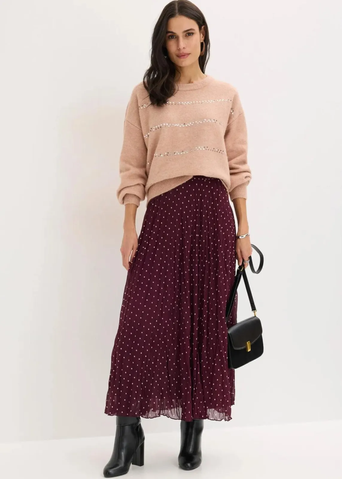 bonprix Nachhaltigere Materialien|Röcke^Chiffon-Rock in Crash-Optik weinrot/mattbeige gepunktet