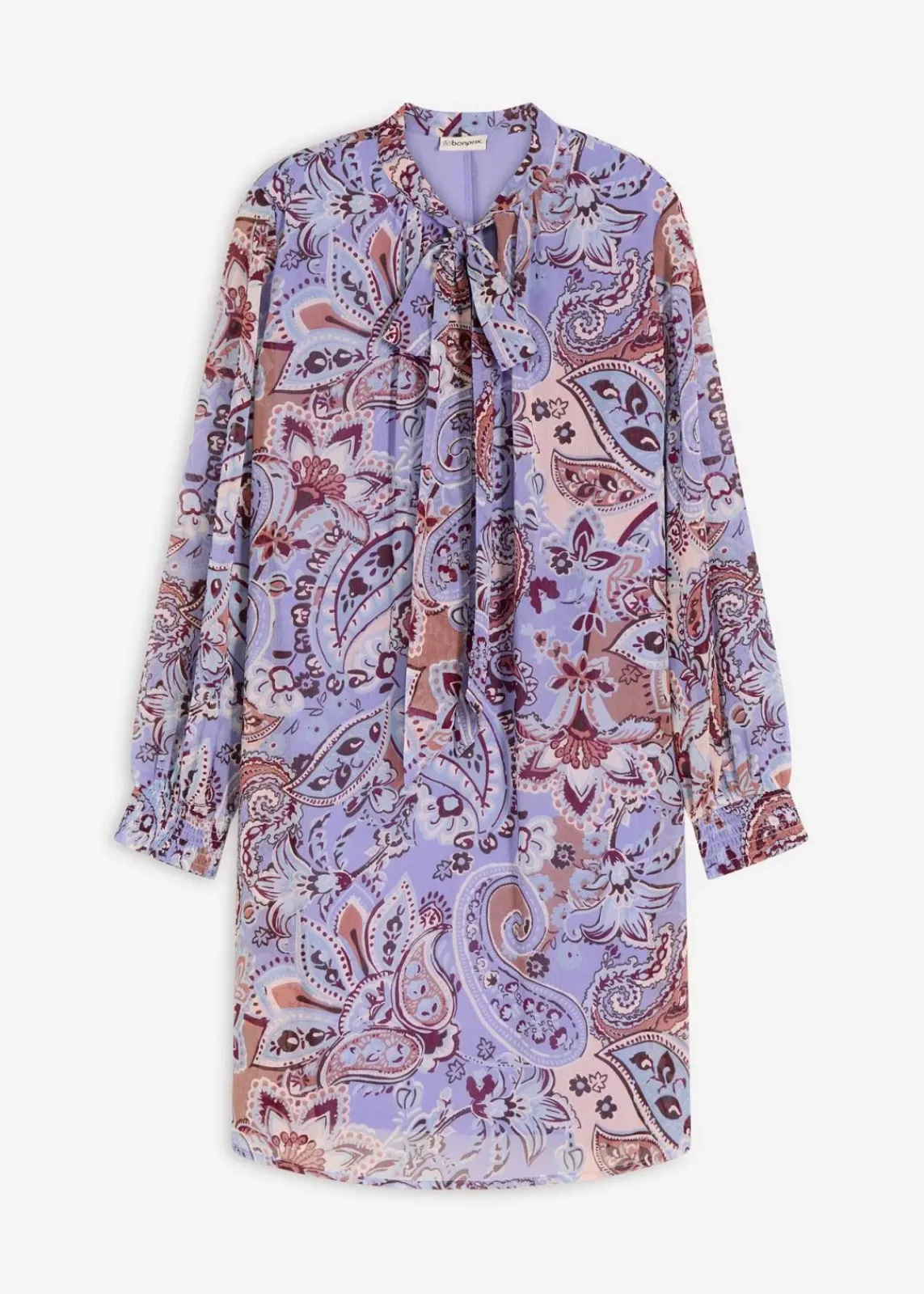 bonprix Bekleidung·Pullover & Strickjacken|Nachhaltigere Materialien^Chiffon-Tunika-Kleid mit Schluppe hellblau/braun paisley