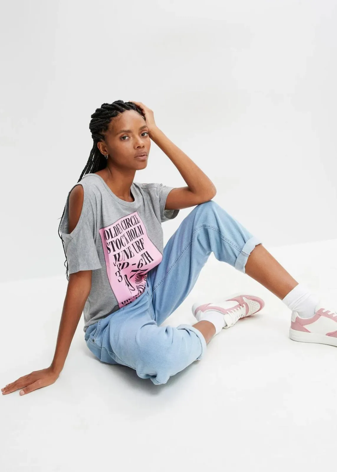 bonprix Shirts & Tops^Cold-Shoulder-Shirt grau bedruckt