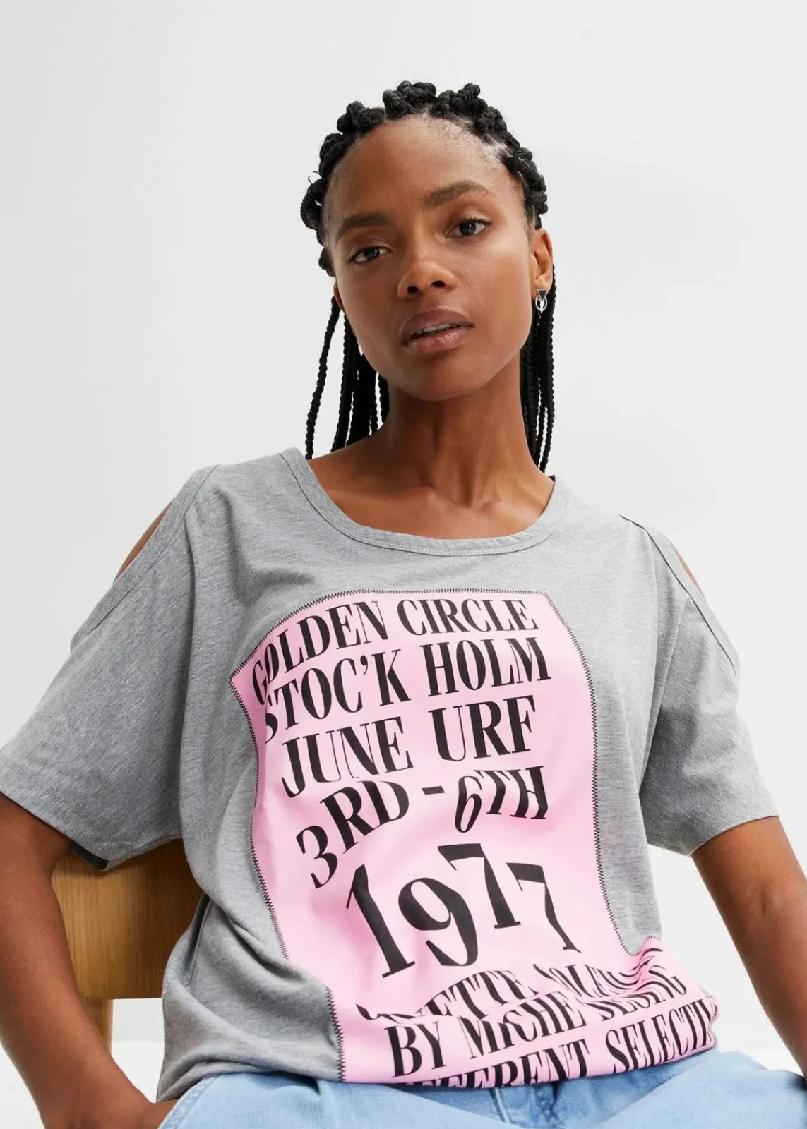 bonprix Shirts & Tops^Cold-Shoulder-Shirt grau bedruckt