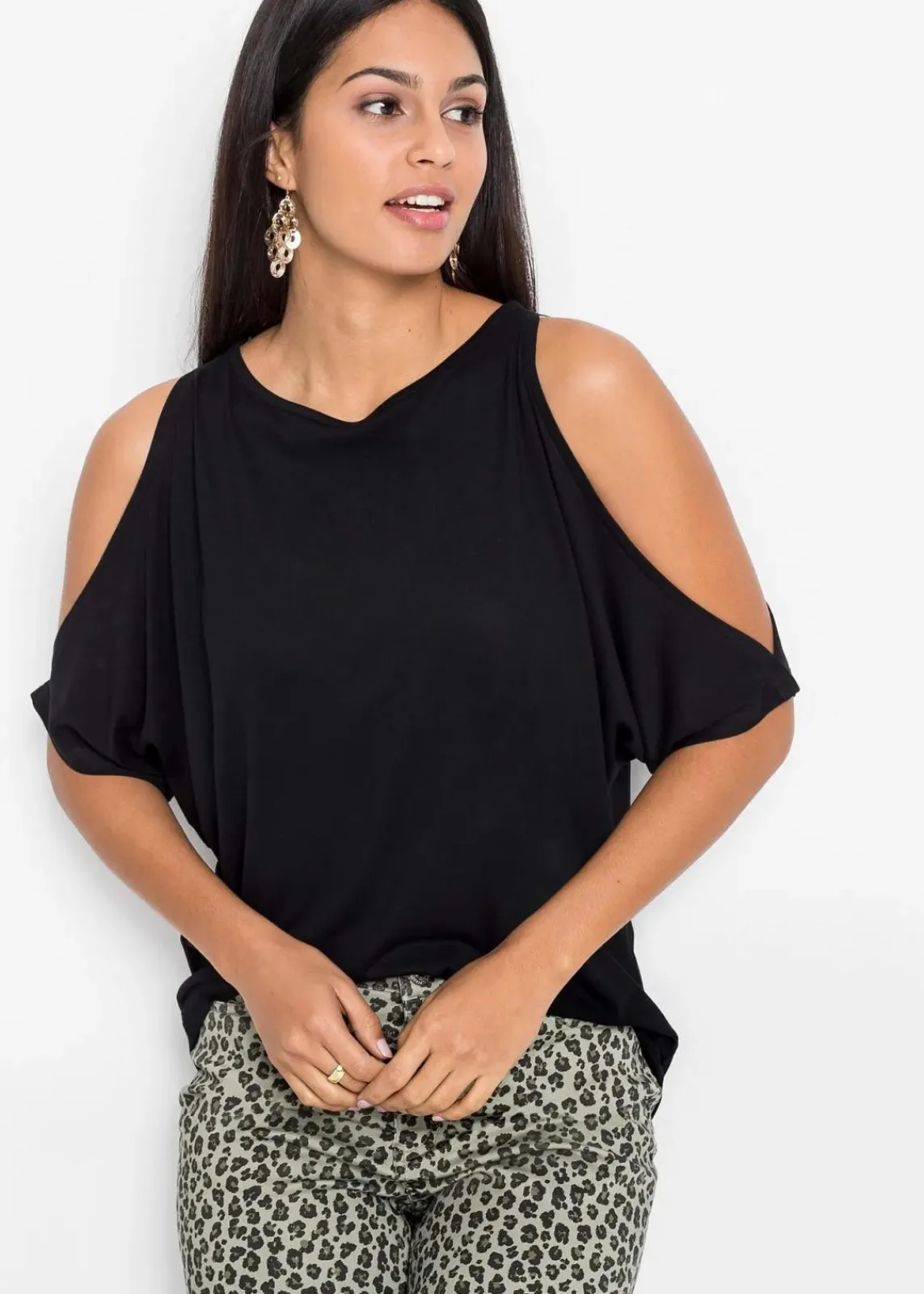 bonprix Shirts & Tops|Nachhaltigere Materialien^Cold-Shoulder-Shirt aus Viskose schwarz
