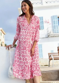 bonprix Bekleidung·Pullover & Strickjacken|Kleider^Crincle-Web-Baumwollmidikleid mit Taschen und 3/4- Arm weiß/rosa/pinklady paisley