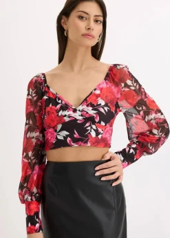 bonprix Bekleidung·Jacken & Mäntel|Blusen & Tuniken^Cropped Blusentop schwarz geblümt