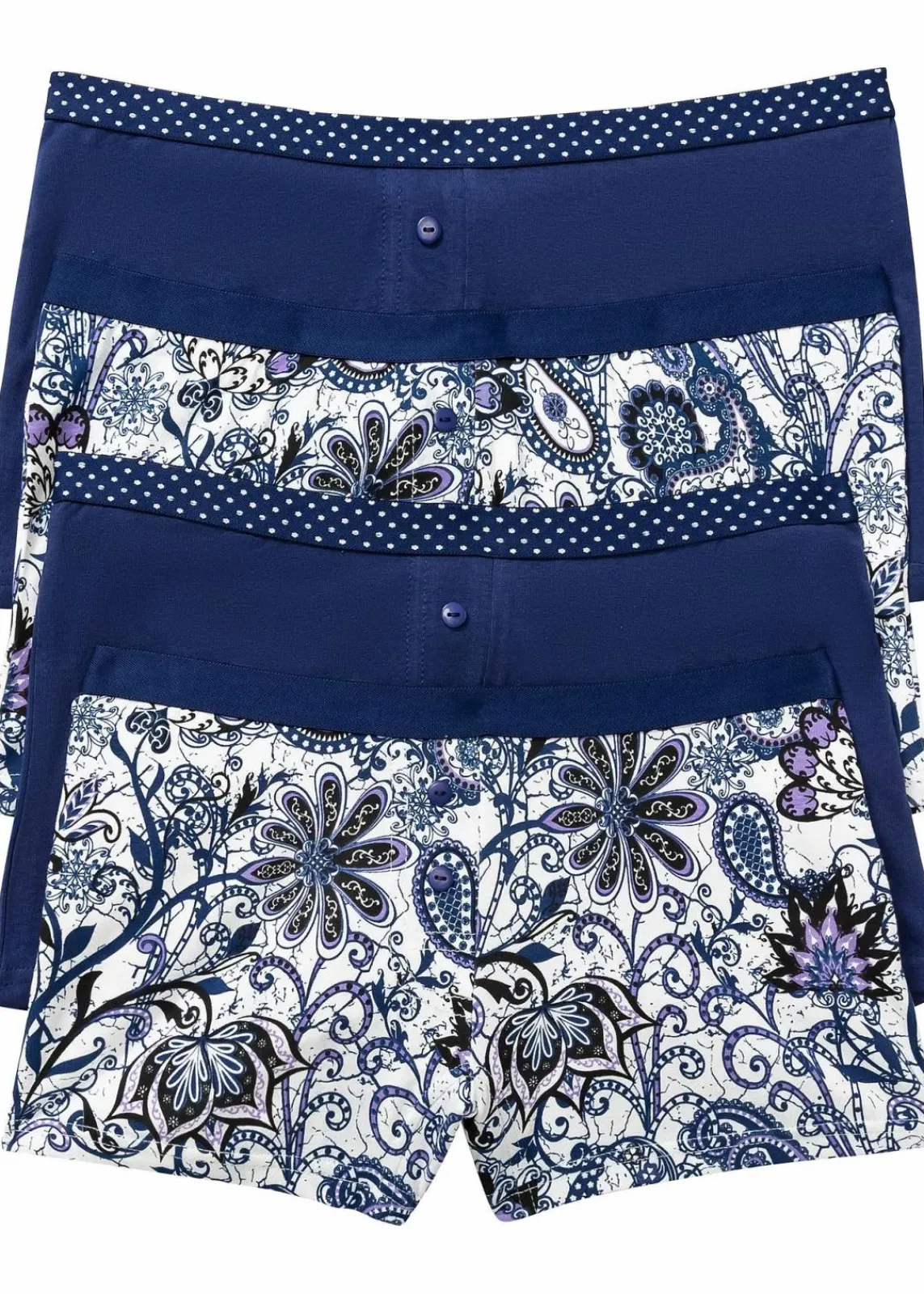 bonprix Wäsche·Baumwollunterwäsche|Wäsche·Höschen^Damen Boxer (4er Pack) dunkelblau paisley + dunkelblau mit punkten