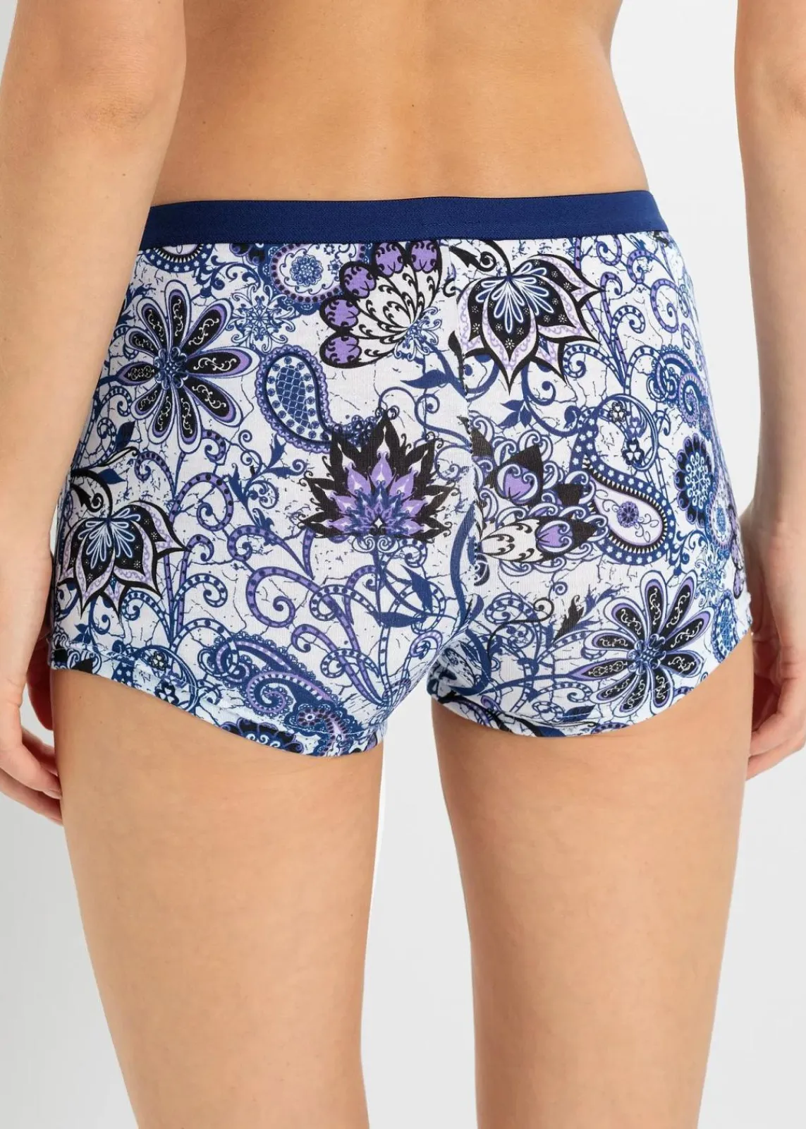 bonprix Wäsche·Baumwollunterwäsche|Wäsche·Höschen^Damen Boxer (4er Pack) dunkelblau paisley + dunkelblau mit punkten
