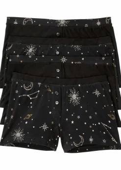 bonprix Wäsche·Baumwollunterwäsche|Wäsche·Höschen^Damen Boxer (4er Pack) schwarz + wollweiß + gold bedruckt