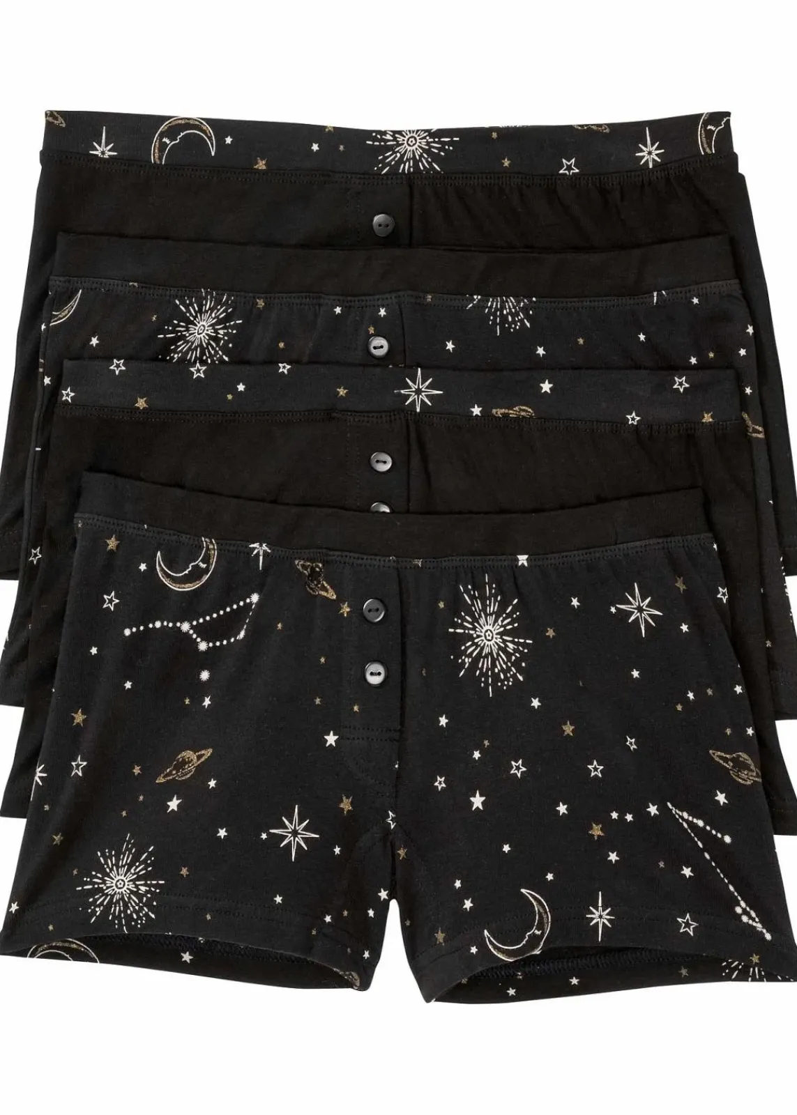 bonprix Wäsche·Baumwollunterwäsche|Wäsche·Höschen^Damen Boxer (4er Pack) schwarz + wollweiß + gold bedruckt