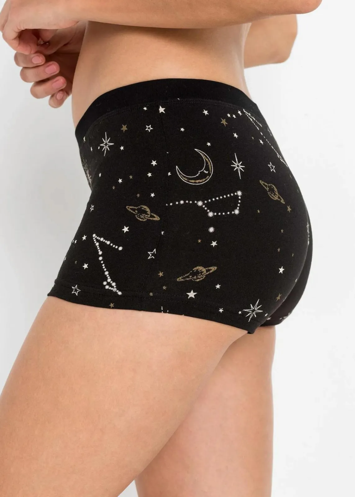 bonprix Wäsche·Baumwollunterwäsche|Wäsche·Höschen^Damen Boxer (4er Pack) schwarz + wollweiß + gold bedruckt