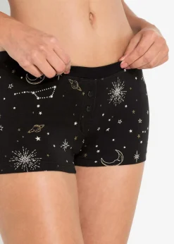 bonprix Wäsche·Baumwollunterwäsche|Wäsche·Höschen^Damen Boxer (4er Pack) schwarz + wollweiß + gold bedruckt