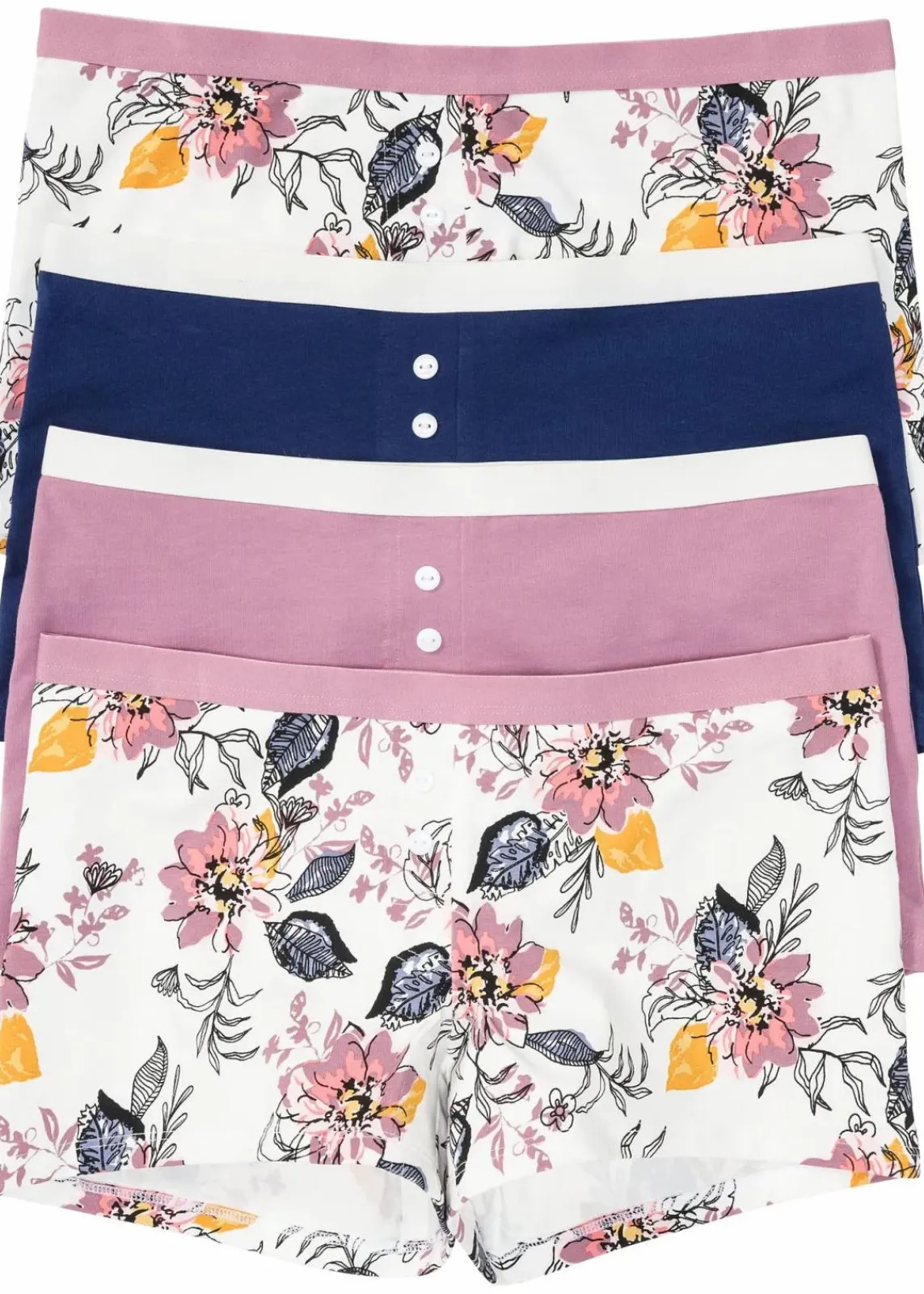 bonprix Wäsche·Baumwollunterwäsche|Wäsche·Höschen^Damen Boxer (4er Pack) ecru bedruckt + altrosé + nachtblau