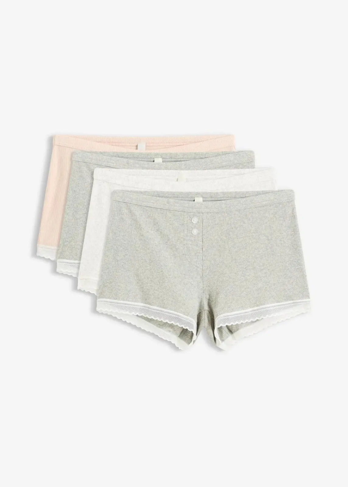 bonprix Wäsche·Baumwollunterwäsche|Wäsche·Höschen^Damen Boxergerippt mit Spitze (4er Pack) ellgrau melange+seidenrosa melange+ naturmelange
