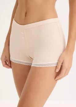 bonprix Wäsche·Baumwollunterwäsche|Wäsche·Höschen^Damen Boxergerippt mit Spitze (4er Pack) ellgrau melange+seidenrosa melange+ naturmelange