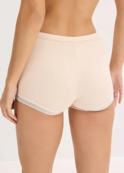 bonprix Wäsche·Baumwollunterwäsche|Wäsche·Höschen^Damen Boxergerippt mit Spitze (4er Pack) ellgrau melange+seidenrosa melange+ naturmelange