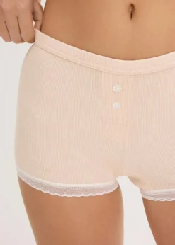 bonprix Wäsche·Baumwollunterwäsche|Wäsche·Höschen^Damen Boxergerippt mit Spitze (4er Pack) ellgrau melange+seidenrosa melange+ naturmelange
